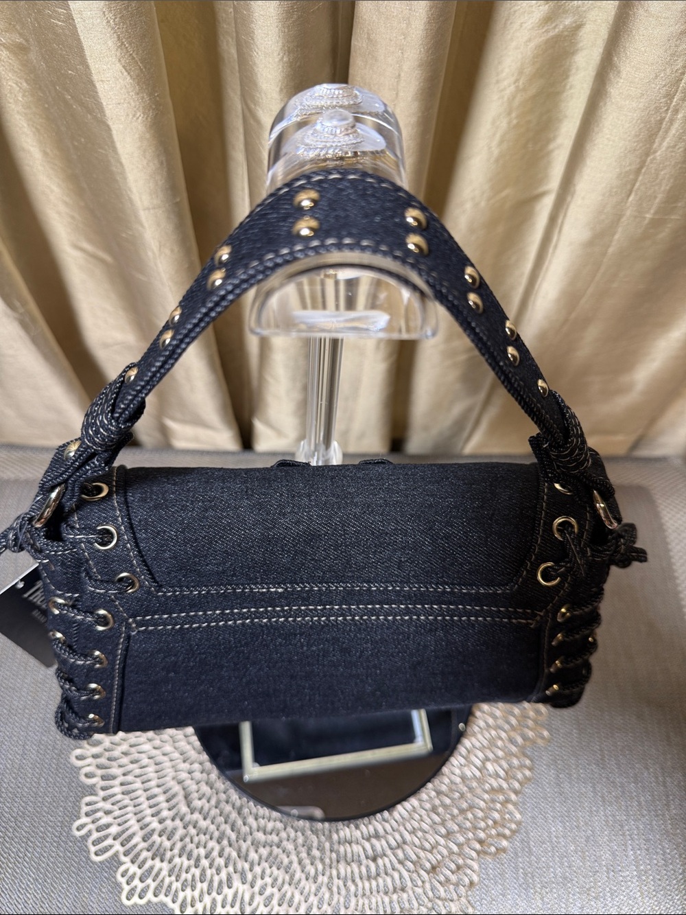 True Religion Joey Studded Horseshoe Eyelet Denim Flap Shoulder Bag NWT - Picture 4 of 9